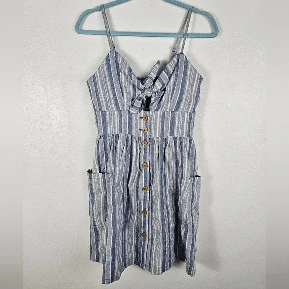 Roxy Blue White Stripe Tie Front Button Front Mini Dress Pockets Size M NWT‎